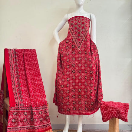Premium  Ajrakh Hand Block Print Modal Silk 3-Piece Suit Set with Zari Pallu Dupatta