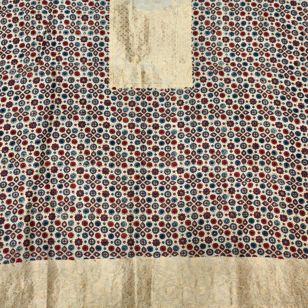 Premium Dola Silk Ajrakh Hand Block Print Natural Dye 2-Piece Suit with Zari Border Dupatta