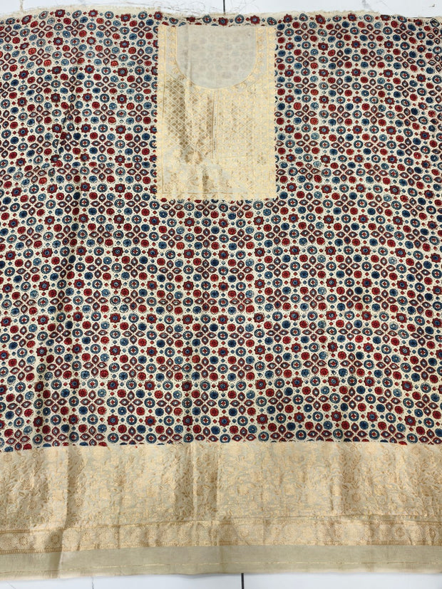 Premium Dola Silk Ajrakh Hand Block Print Natural Dye 2-Piece Suit with Zari Border Dupatta