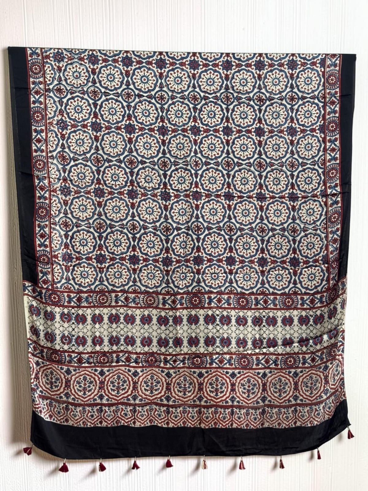 Ajrakh Modal Silk Natural Dye Dupatta with Tassels 07 - The Ajrakh Studio