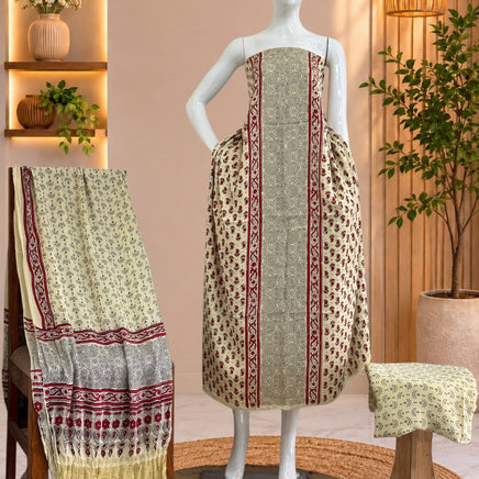 Premium  Ajrakh Hand Block Print Modal Silk 3-Piece Suit Set with Zari Pallu Dupatta
