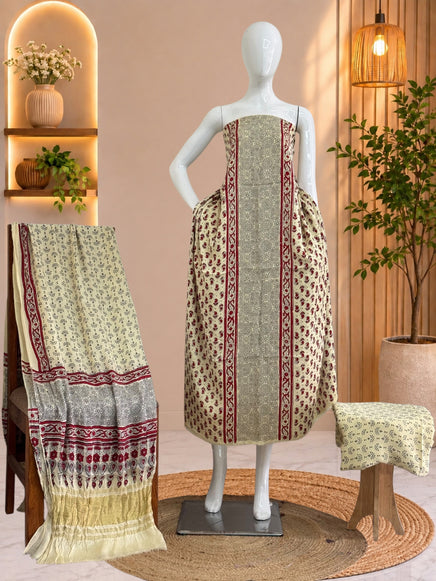 Premium  Ajrakh Hand Block Print Modal Silk 3-Piece Suit Set with Zari Pallu Dupatta