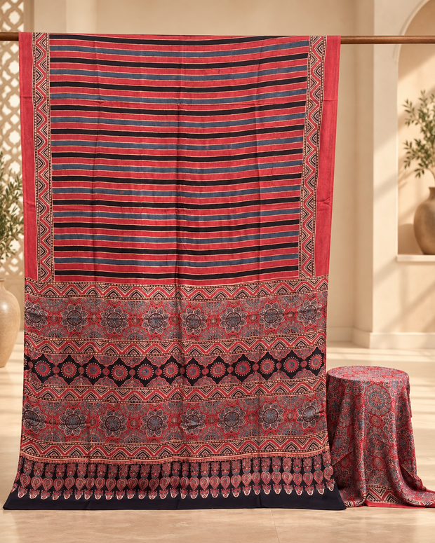 Elegant Modal Silk Ajrakh Hand Block Print Natural Dye Saree - The Ajrakh Studio