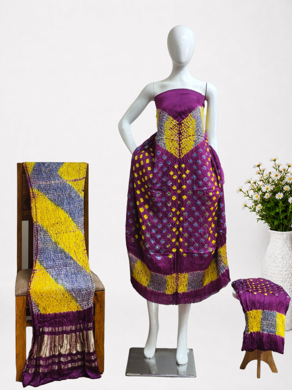 Multi-Color Shibori Modal Silk Unstitched Suit with Bandhani Border & Zari Dupatta