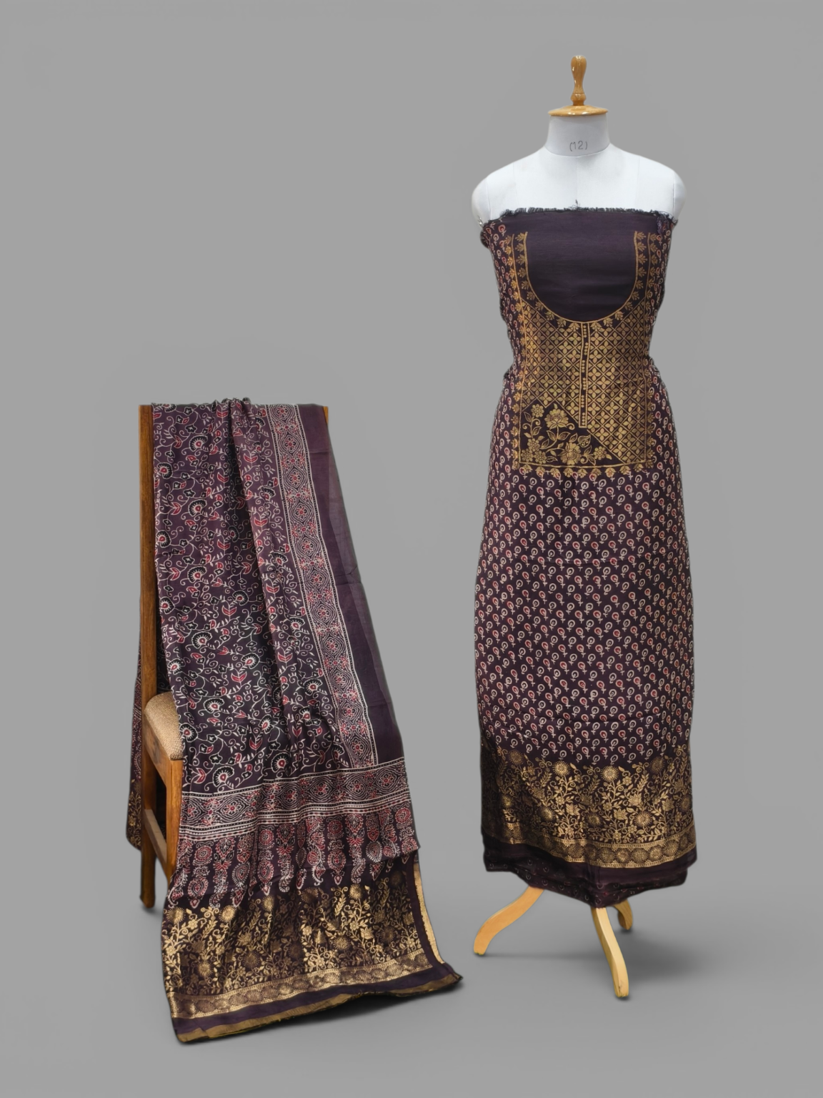 Premium Dola Silk Ajrakh Hand Block Print Natural Dye 2-Piece Suit with Zari Border Dupatta