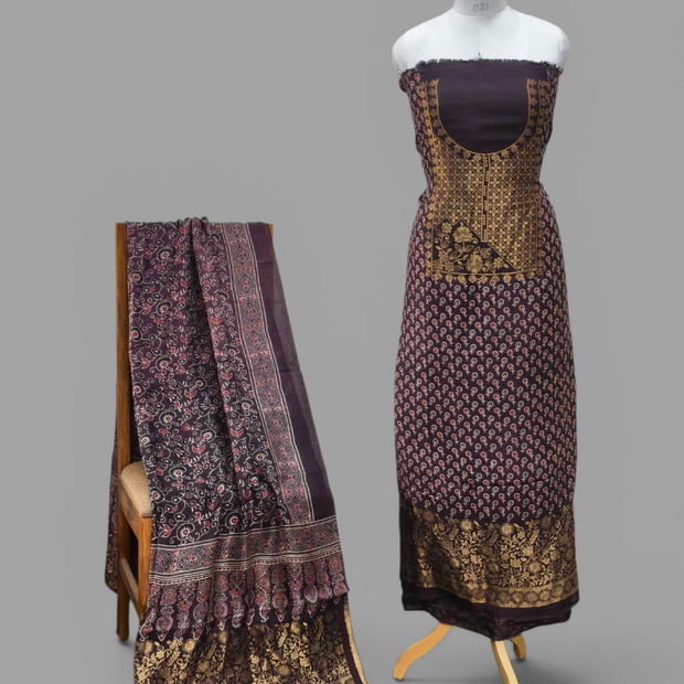 Premium Dola Silk Ajrakh Hand Block Print Natural Dye 2-Piece Suit with Zari Border Dupatta