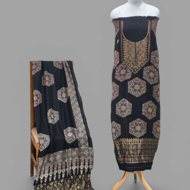 Premium Dola Silk Ajrakh Hand Block Print Natural Dye 2-Piece Suit with Zari Border Dupatta