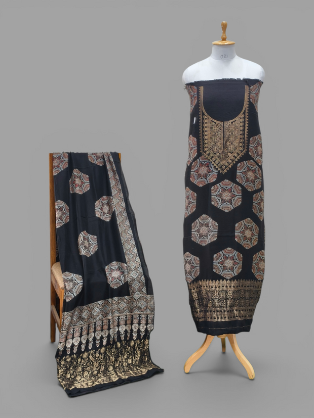 Premium Dola Silk Ajrakh Hand Block Print Natural Dye 2-Piece Suit with Zari Border Dupatta