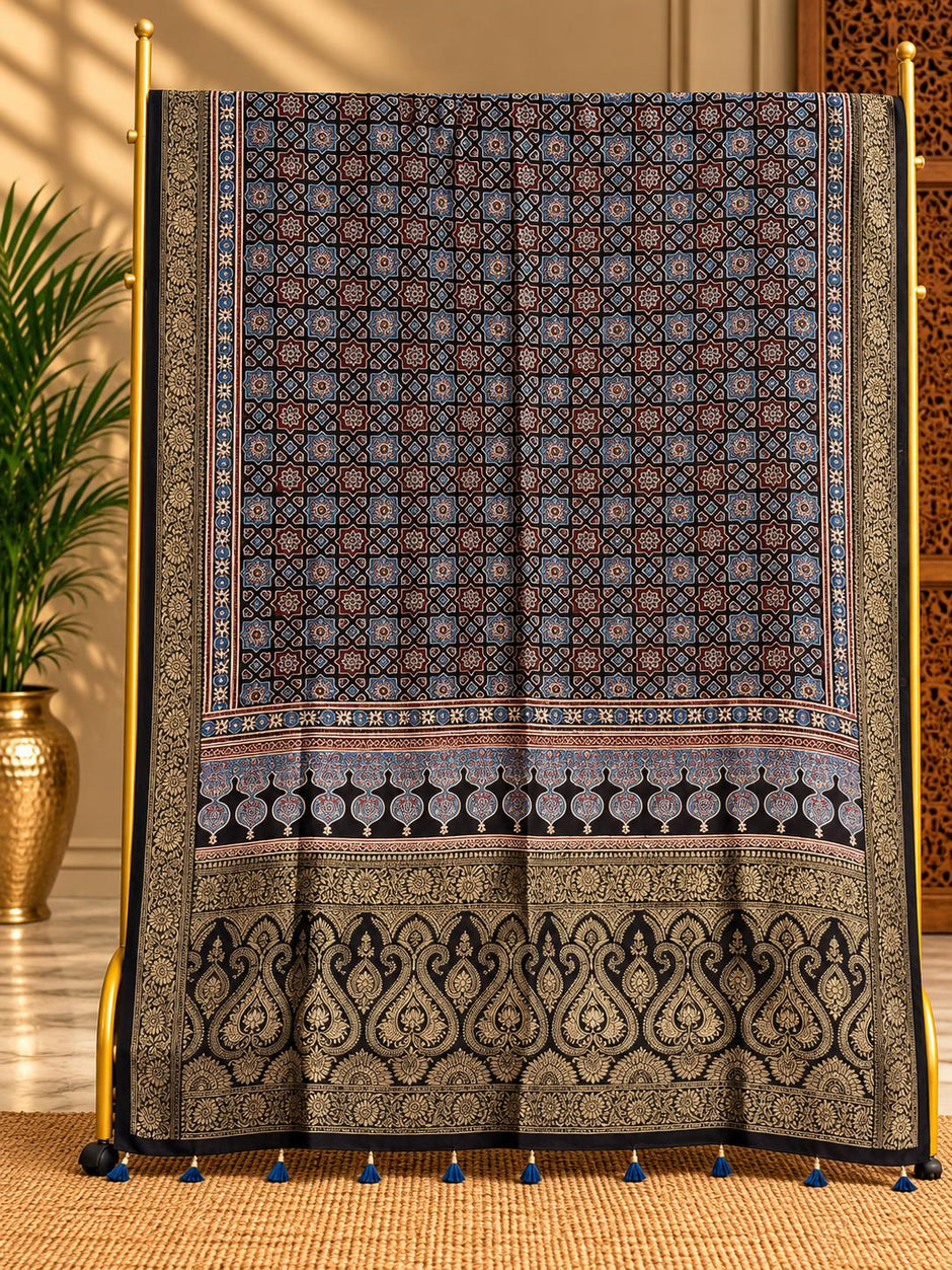 Dola Silk Ajrakh Hand Block Print Natural Dye Dupatta - The Ajrakh Studio
