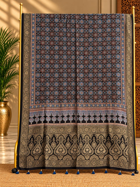Dola Silk Ajrakh Hand Block Print Natural Dye Dupatta - The Ajrakh Studio