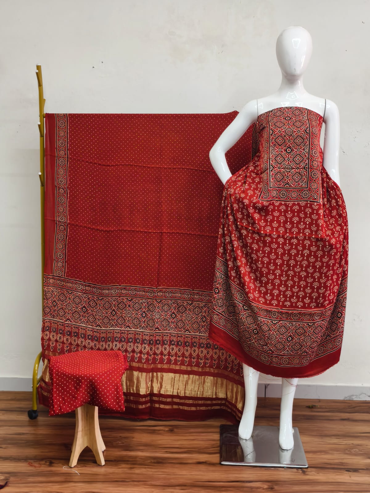Havi Modal Silk Ajrakh Neptol Dye & Discharge Print Panel Design 3-Piece Suit - The Ajrakh Studio