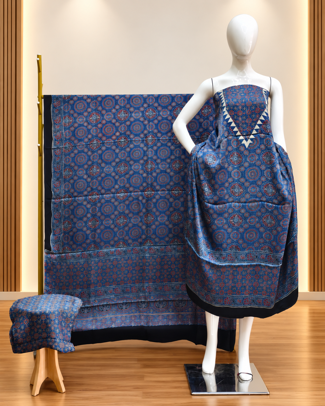 Havi Pure Modal Silk Ajrakh Hand Block Print Natural Dye 3-Piece Suit - The Ajrakh Studio