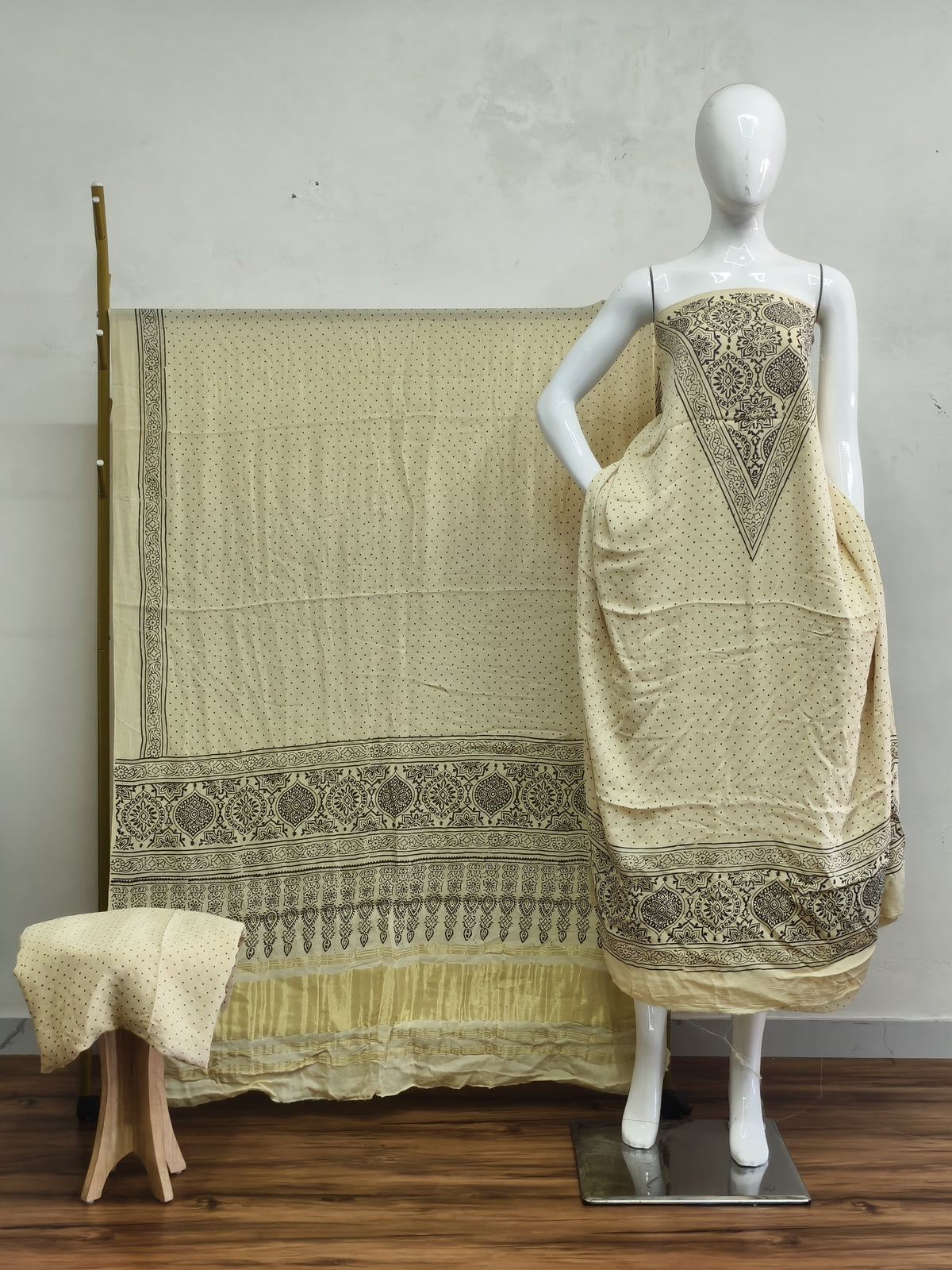 Havi Modal Silk Ajrakh Neptol Dye & Discharge Print Panel Design 3-Piece Suit - The Ajrakh Studio