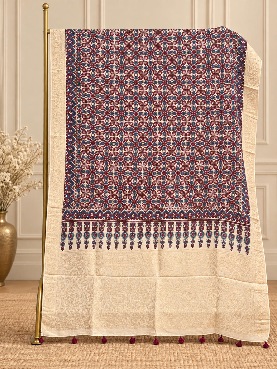 Dola Silk Ajrakh Hand Block Print Natural Dye Dupatta - The Ajrakh Studio
