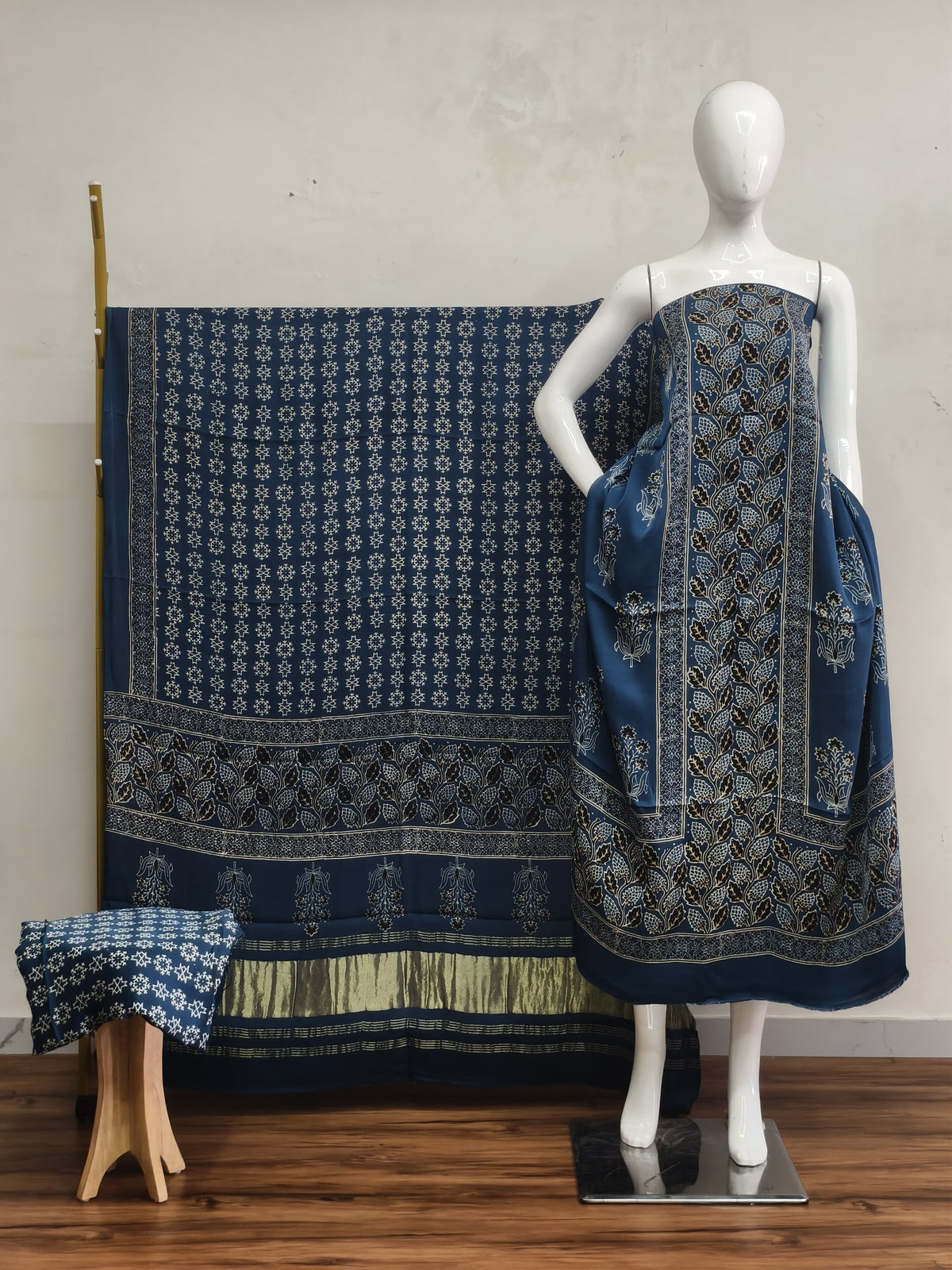 Havi Modal Silk Ajrakh Neptol Dye & Discharge Print Panel Design 3-Piece Suit - The Ajrakh Studio