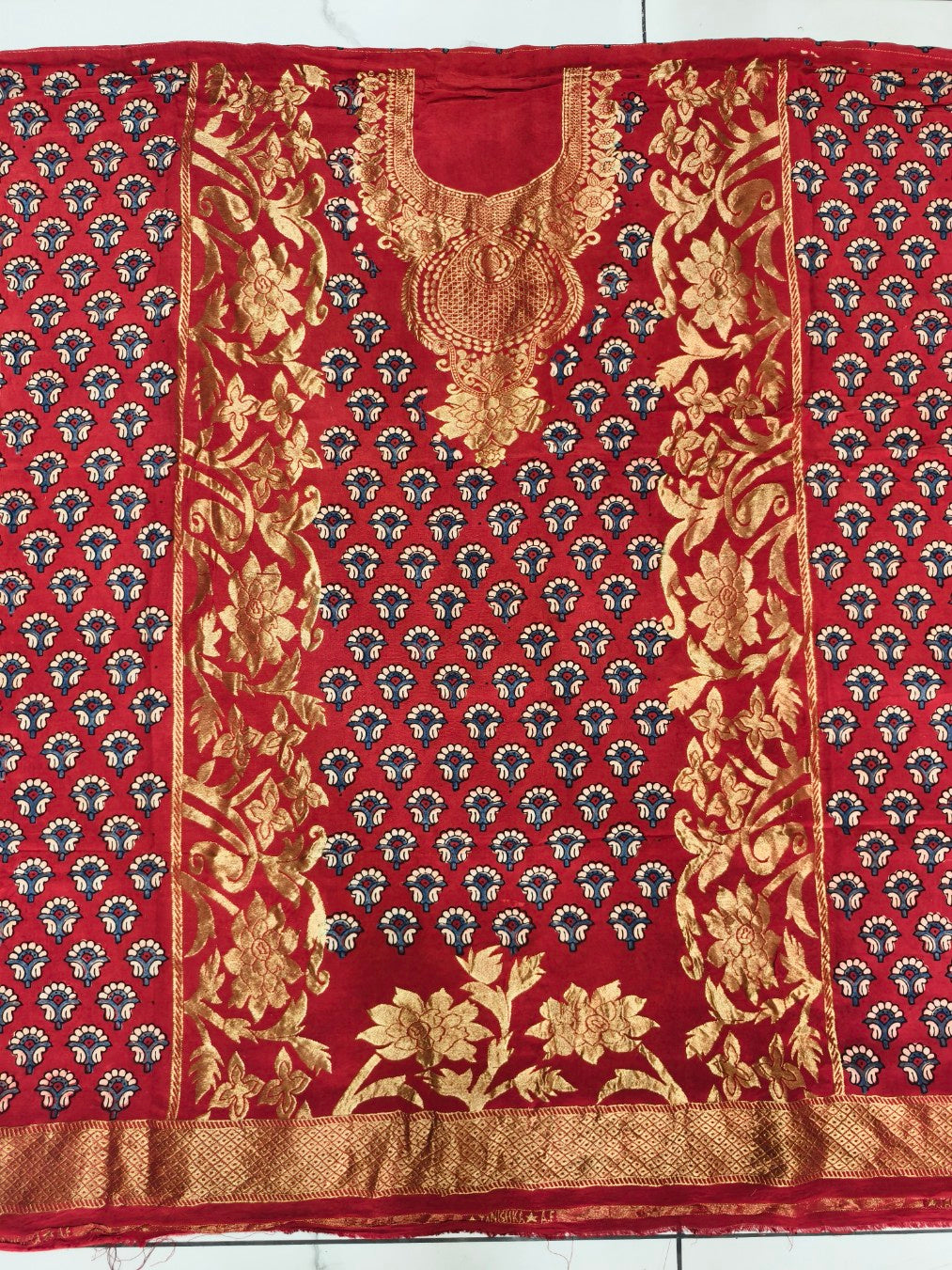 Premium Dola Silk Ajrakh Hand Block Print Natural Dye 2-Piece Suit with Zari Border Dupatta