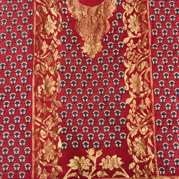 Premium Dola Silk Ajrakh Hand Block Print Natural Dye 2-Piece Suit with Zari Border Dupatta