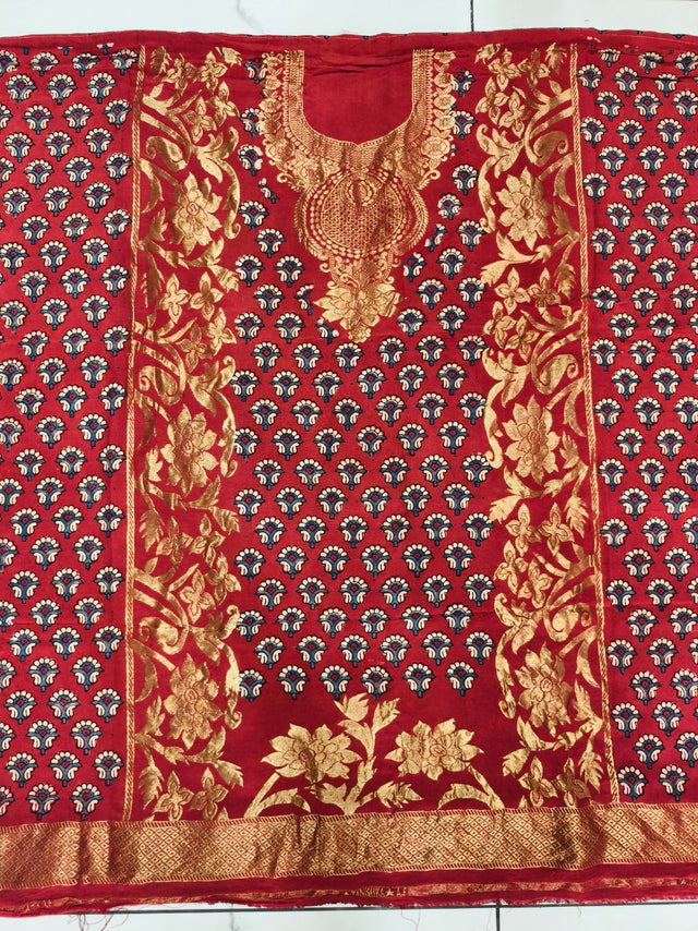 Premium Dola Silk Ajrakh Hand Block Print Natural Dye 2-Piece Suit with Zari Border Dupatta