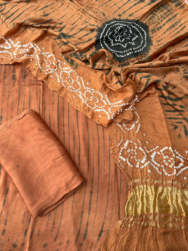 Rust & black Modal Silk Tie & Dye Bandhani Dupatta 3 Piece Suits