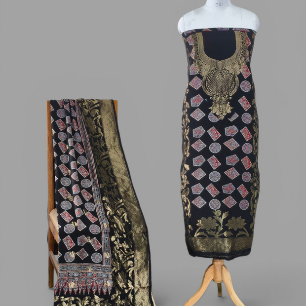 Premium Dola Silk Ajrakh Hand Block Print Natural Dye 2-Piece Suit with Zari Border Dupatta