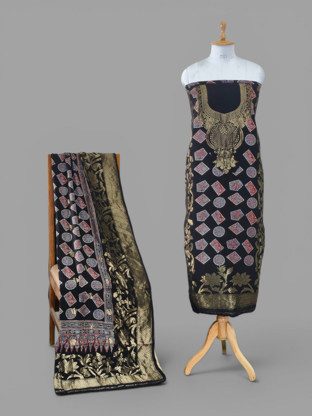 Premium Dola Silk Ajrakh Hand Block Print Natural Dye 2-Piece Suit with Zari Border Dupatta