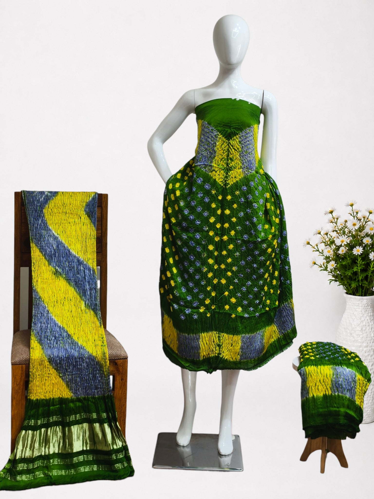Multi-Color Shibori Modal Silk Unstitched Suit with Bandhani Border & Zari Dupatta