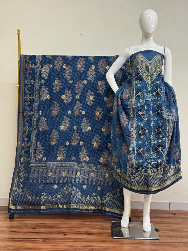 Meena Kari Dola Silk Ajrakh Hand Block Print 2-Piece Suit 06 - The Ajrakh Studio