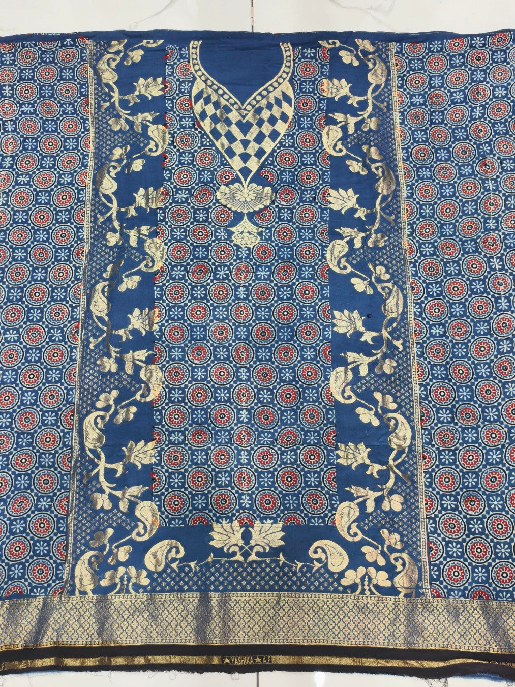 Premium Dola Silk Ajrakh Hand Block Print Natural Dye 2-Piece Suit with Zari Border Dupatta