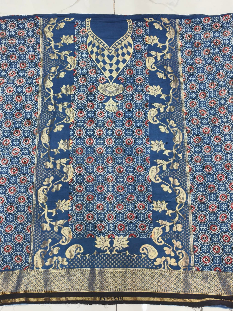 Premium Dola Silk Ajrakh Hand Block Print Natural Dye 2-Piece Suit with Zari Border Dupatta