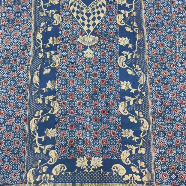 Premium Dola Silk Ajrakh Hand Block Print Natural Dye 2-Piece Suit with Zari Border Dupatta