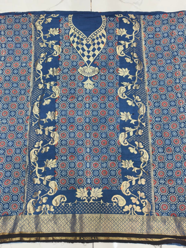Premium Dola Silk Ajrakh Hand Block Print Natural Dye 2-Piece Suit with Zari Border Dupatta