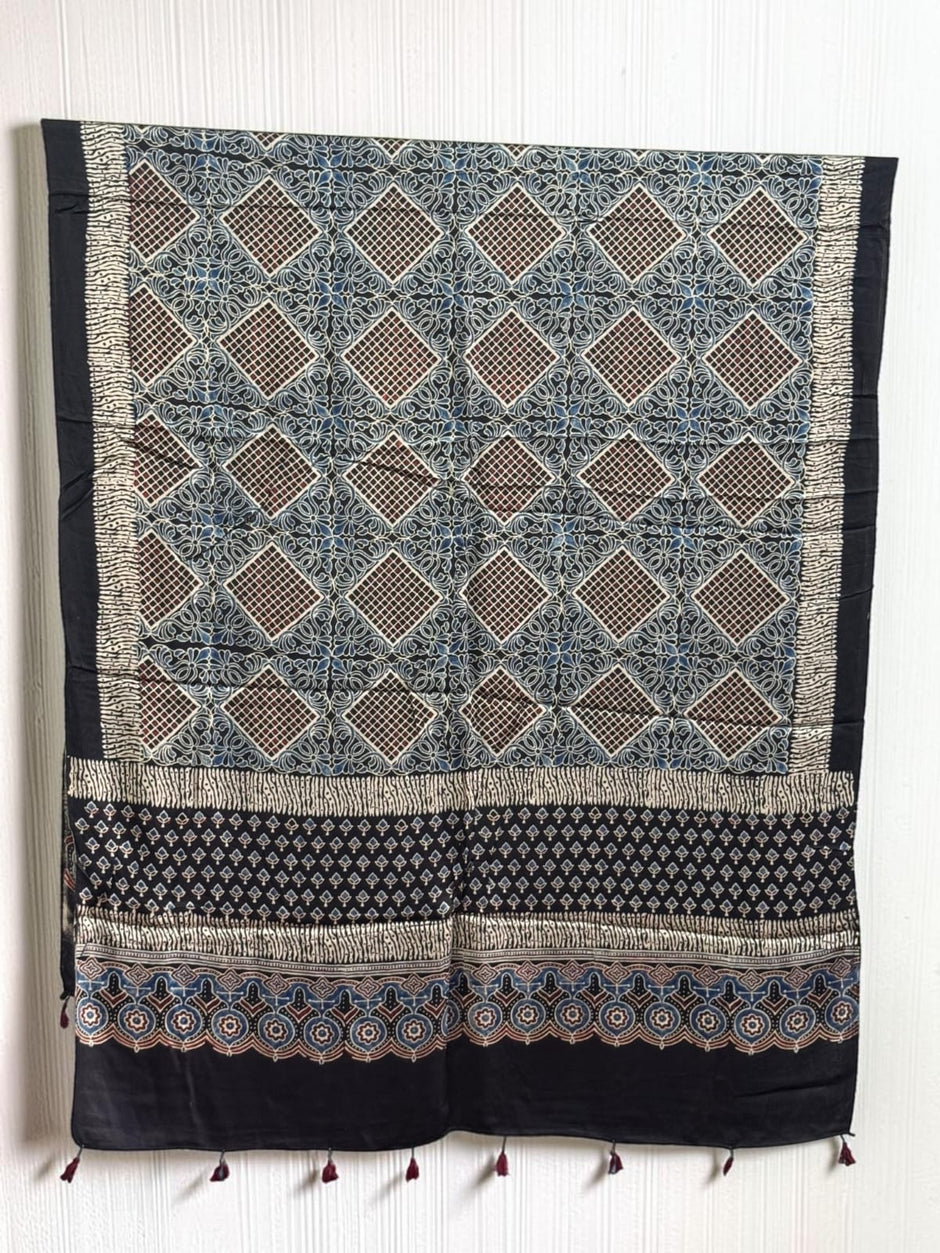Ajrakh Modal Silk Natural Dye Dupatta with Tassels 10 - The Ajrakh Studio