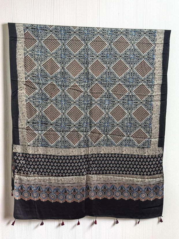 Ajrakh Modal Silk Natural Dye Dupatta with Tassels 10 - The Ajrakh Studio