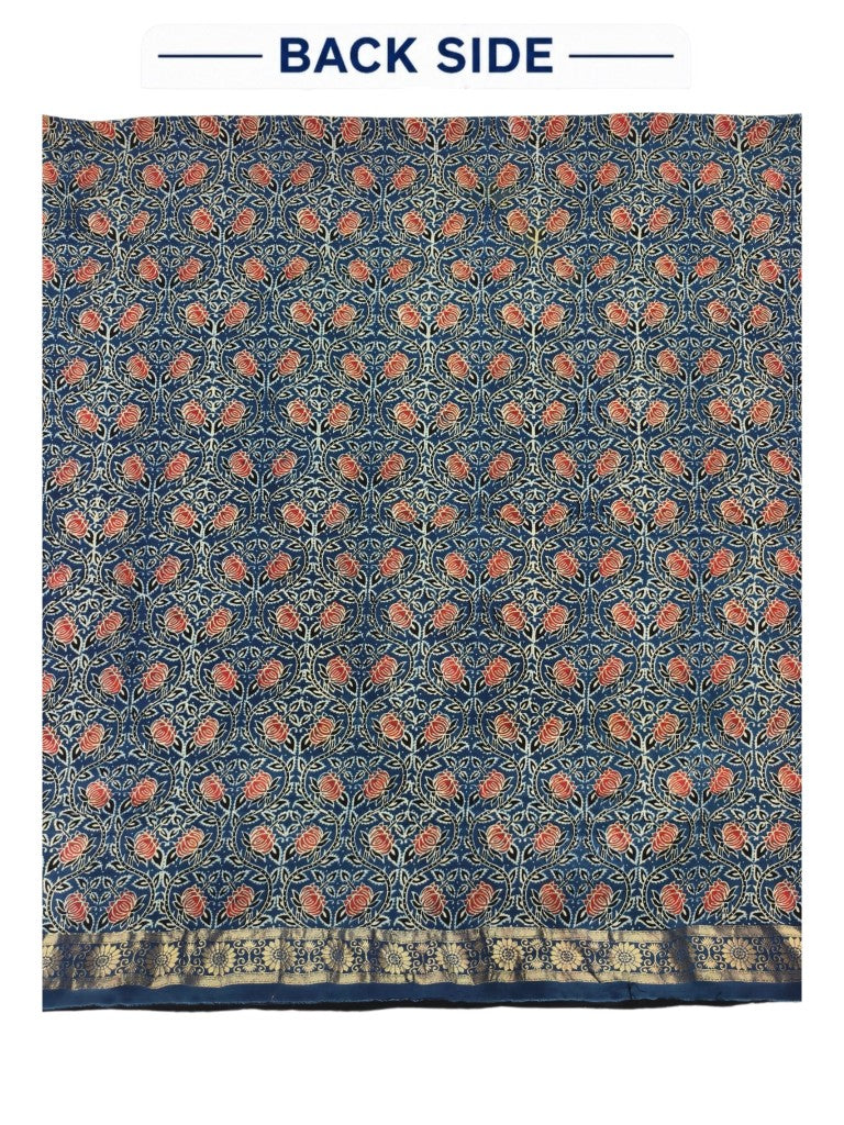 Premium Dola Silk Ajrakh Hand Block Print Natural Dye 2-Piece Suit with Zari Border Dupatta
