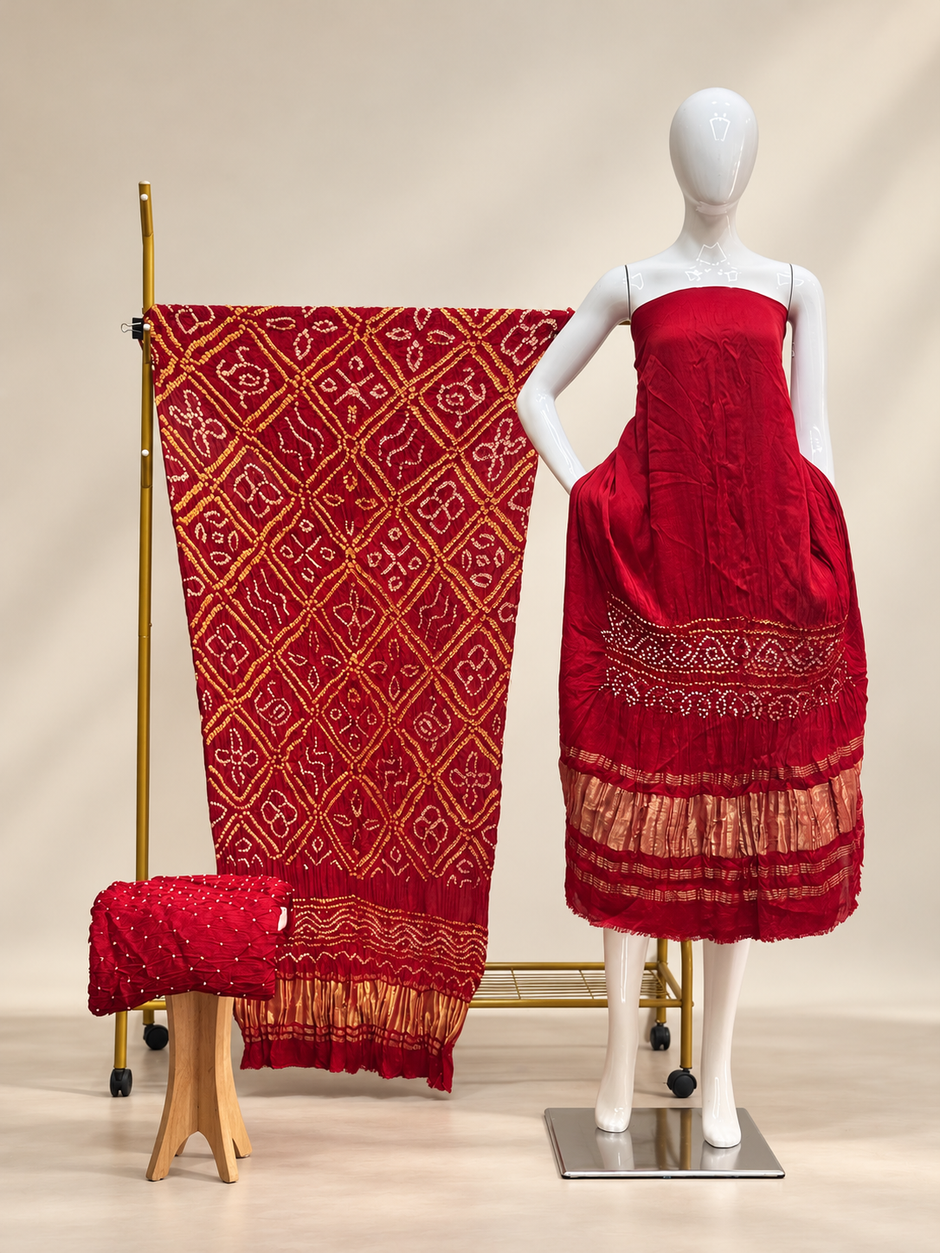 Premium Bandhej Modal Silk 3-Piece Suit with Bar Bhat Dupatta & Zari Pallu - The Ajrakh Studio