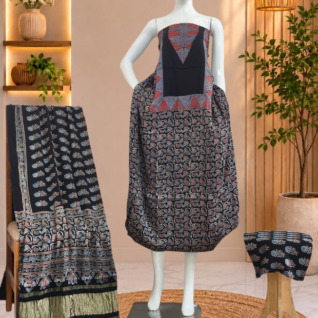 Ajrakh Hand Block Print Natural Dye Pure Modal Silk 3 Piece Suit with Zari Pallu Dupatta