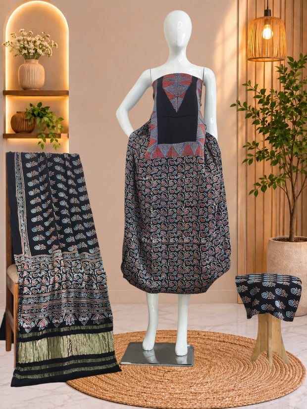 Ajrakh Hand Block Print Natural Dye Pure Modal Silk 3 Piece Suit with Zari Pallu Dupatta