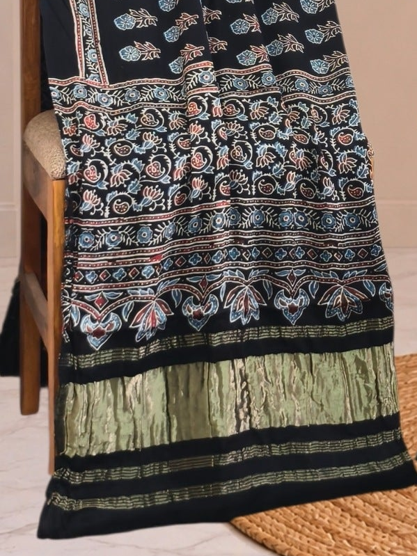 Ajrakh Hand Block Print Natural Dye Pure Modal Silk 3 Piece Suit with Zari Pallu Dupatta