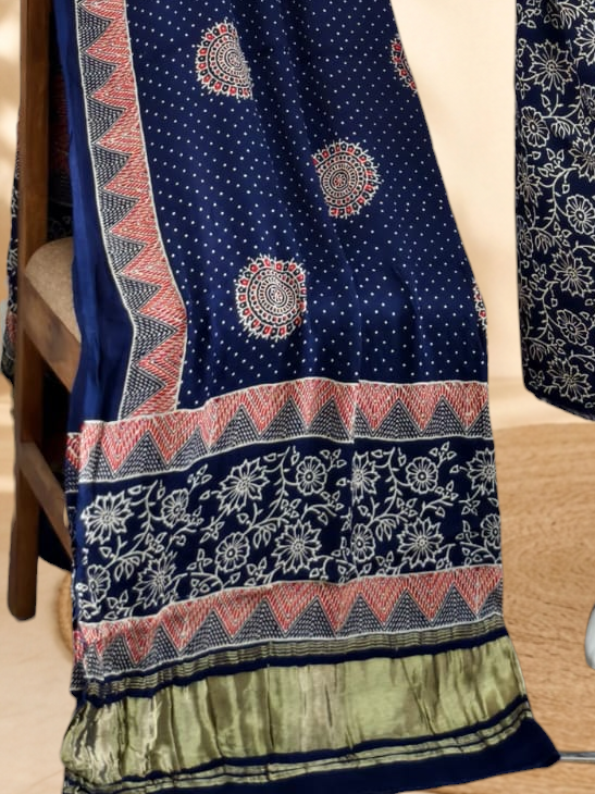Premium Ajrakh Hand Block Print Modal Silk 3-Piece Suit Set with Zari Pallu Dupatta