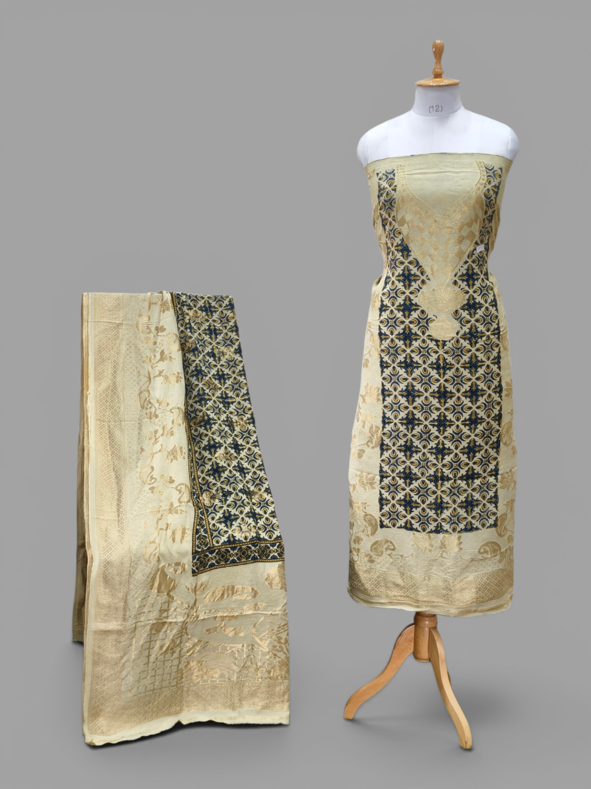 Premium Dola Silk Ajrakh Hand Block Print Natural Dye 2-Piece Suit with Zari Border Dupatta