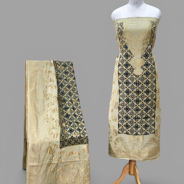 Premium Dola Silk Ajrakh Hand Block Print Natural Dye 2-Piece Suit with Zari Border Dupatta