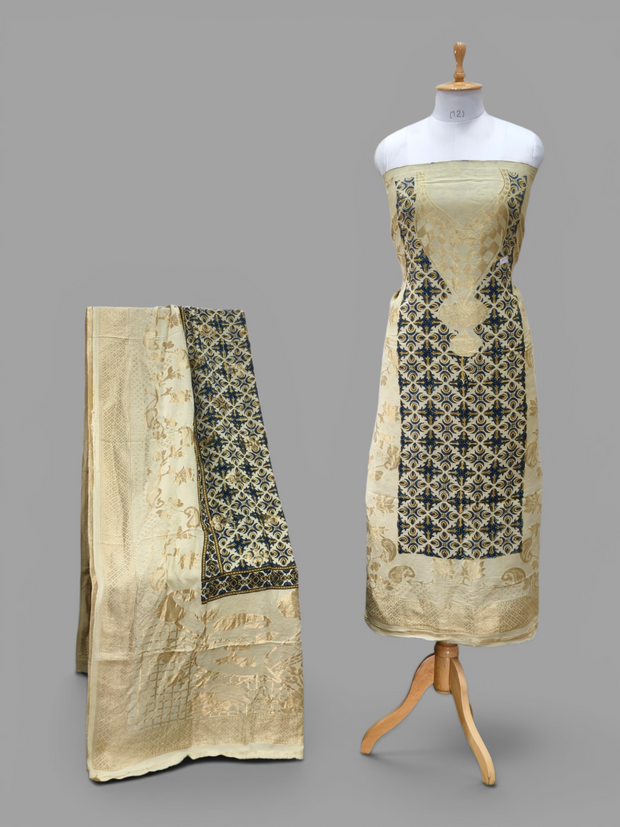 Premium Dola Silk Ajrakh Hand Block Print Natural Dye 2-Piece Suit with Zari Border Dupatta