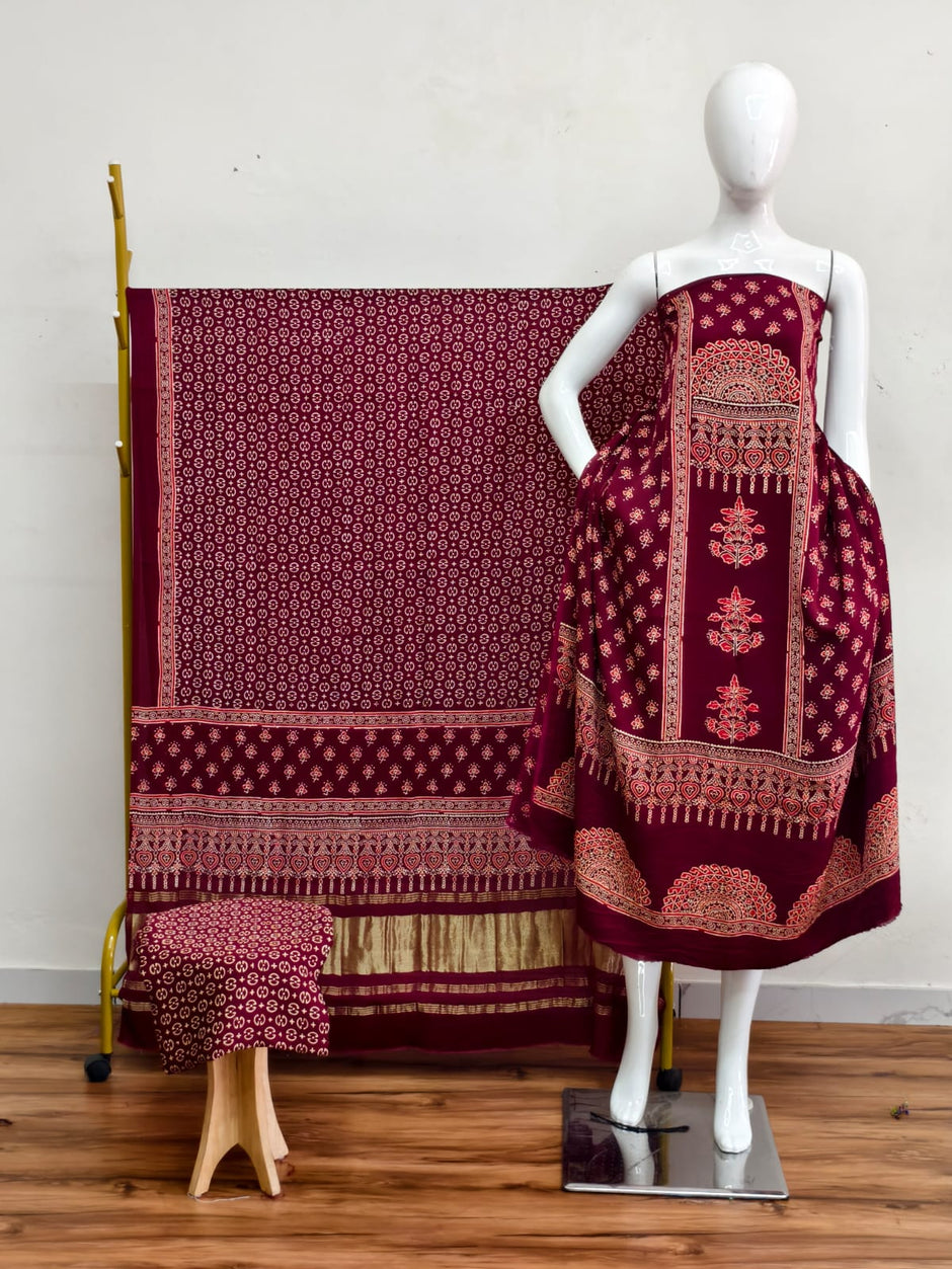 Havi Modal Silk Ajrakh Neptol Dye & Discharge Print Panel Design 3-Piece Suit - The Ajrakh Studio