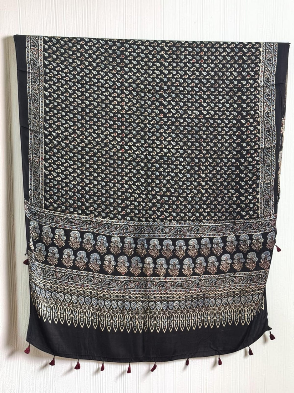Ajrakh Modal Silk Natural Dye Dupatta with Tassels 06 - The Ajrakh Studio