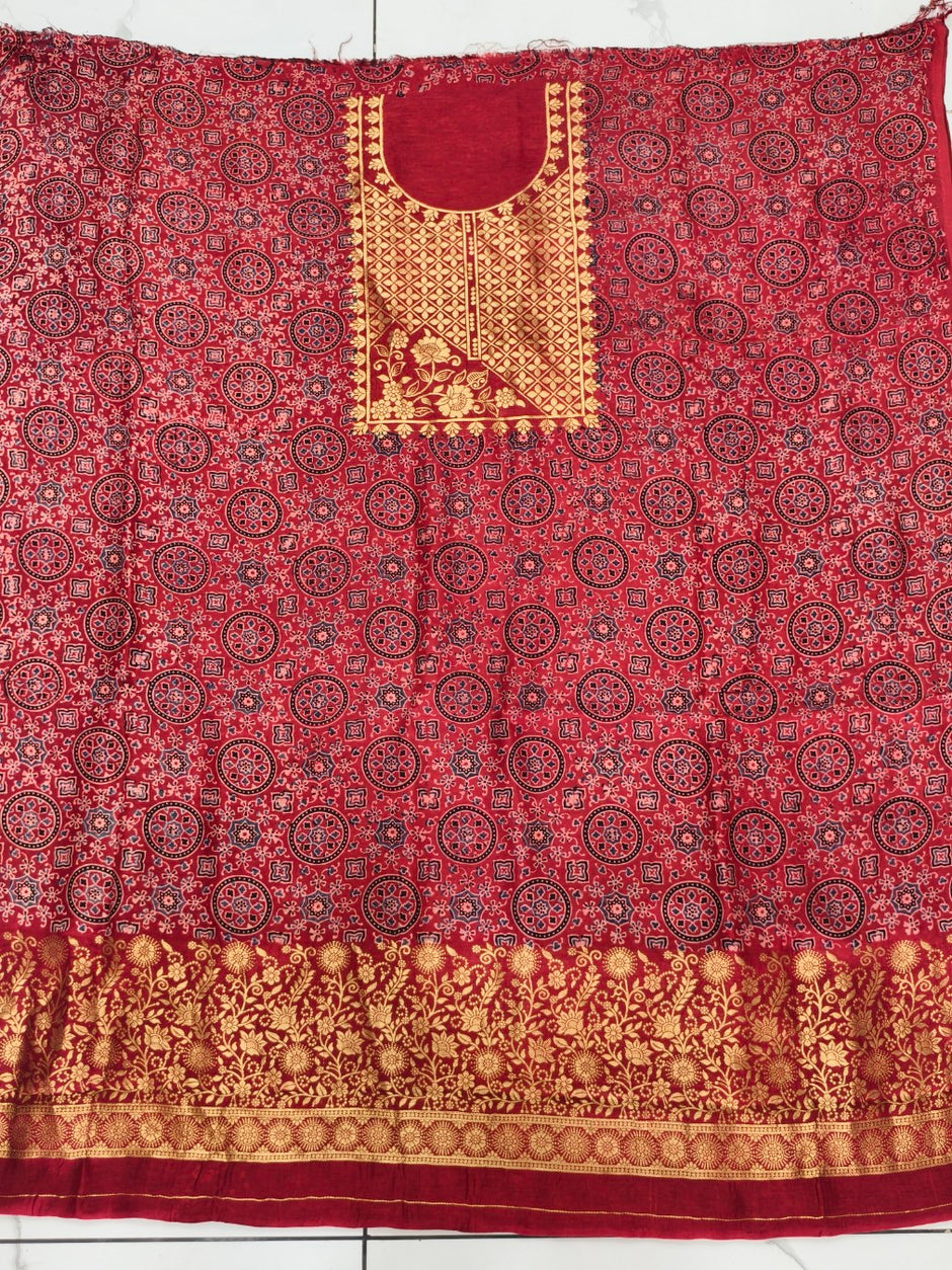 Premium Dola Silk Ajrakh Hand Block Print Natural Dye 2-Piece Suit with Zari Border Dupatta