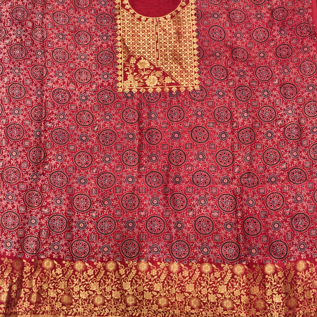 Premium Dola Silk Ajrakh Hand Block Print Natural Dye 2-Piece Suit with Zari Border Dupatta