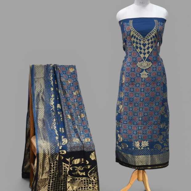 Premium Dola Silk Ajrakh Hand Block Print Natural Dye 2-Piece Suit with Zari Border Dupatta