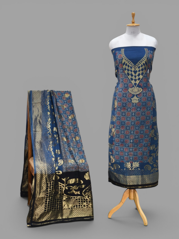 Premium Dola Silk Ajrakh Hand Block Print Natural Dye 2-Piece Suit with Zari Border Dupatta