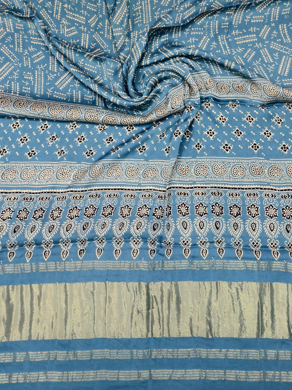 Premium Ajrakh Hand Block Print Modal Silk 3-Piece Suit Set with Zari Pallu Dupatta