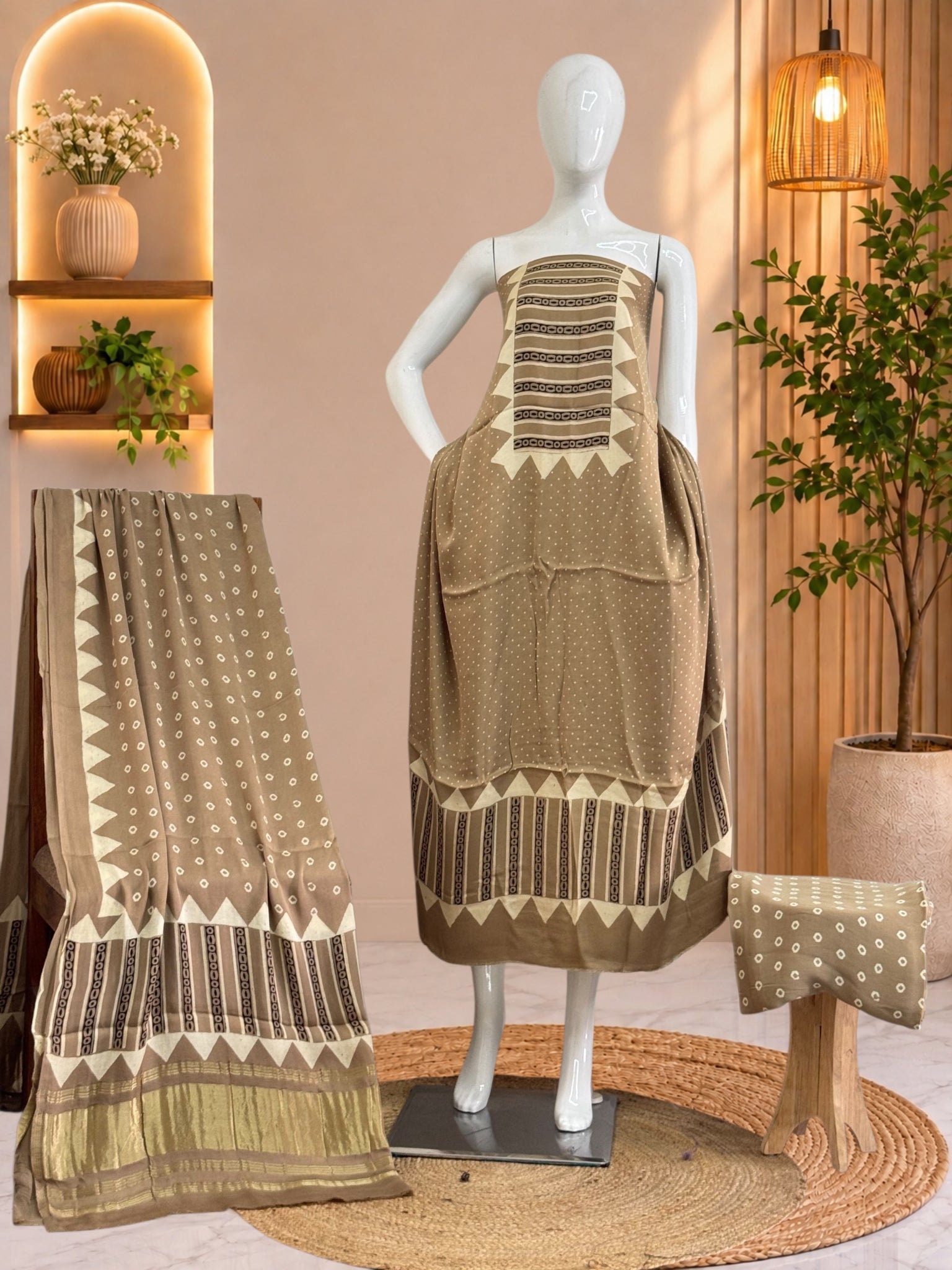 Premium  Ajrakh Hand Block Print Modal Silk 3-Piece Suit Set with Zari Pallu Dupatta